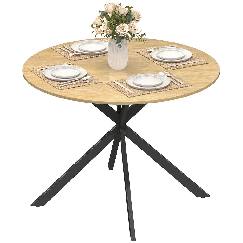 Round Dining Table for 4, 100 cm, Wood-Effect Top, Crossed Oak Steel Base