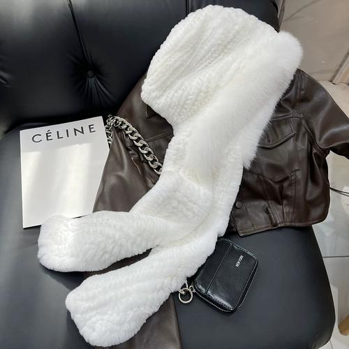 New Rex Rabbit Hair Hat Scarf Integrated Snow Cap Women's Winter Fox Fur Warm Versatile Hooded Scarf