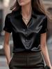 Moda e eleganza femminile in raso europeo e americano, camicia bianca in raso con scollo a V e maniche corte, temperamento da pendolare, vestibilità slim