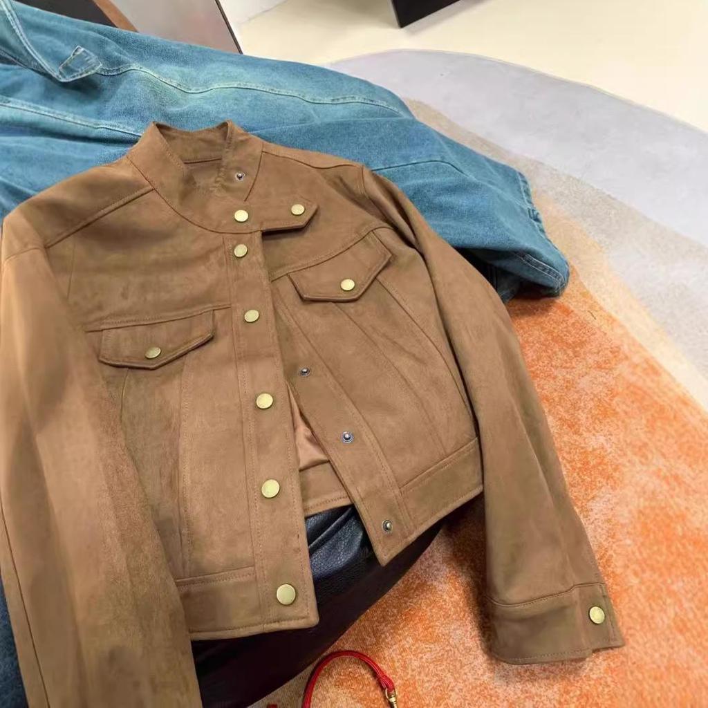Petite Suede Brown Motorcycle-Style Jacket for Women - Spring/Autumn Fashion