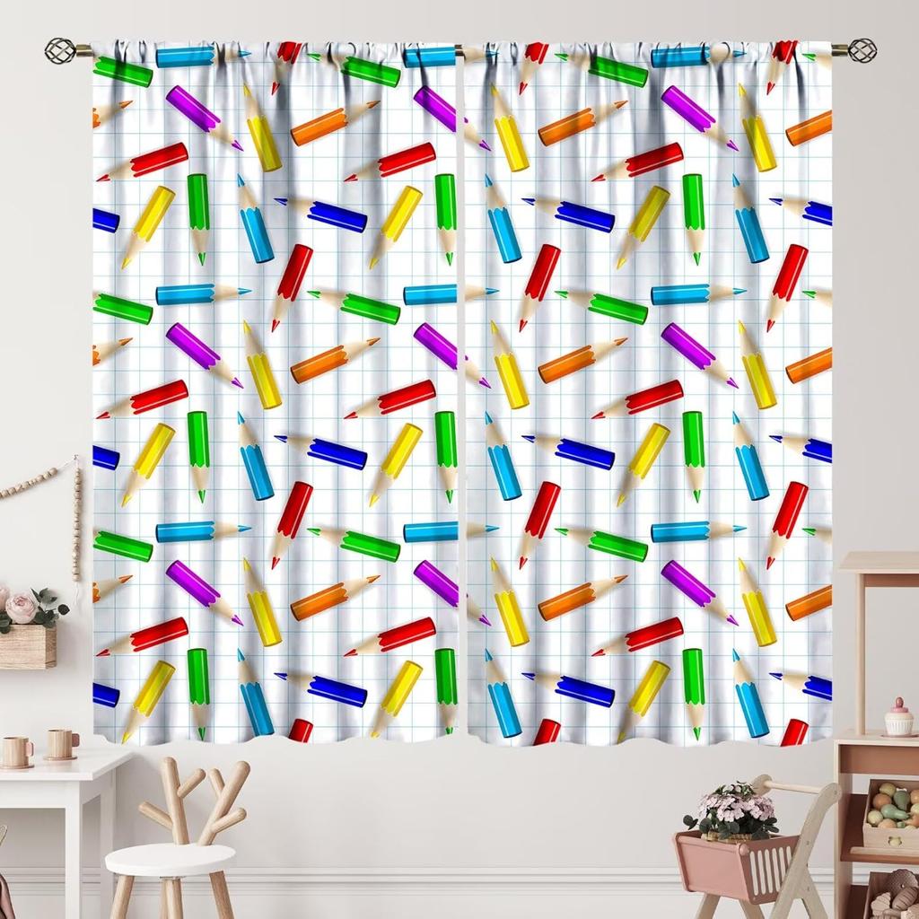 Kids Cartoon Pencil Curtains Colorful Crayons Art Printed School Curtain Nursery Bedroom Living Room Home Polyester With Rod Pocket Washable Sitting
