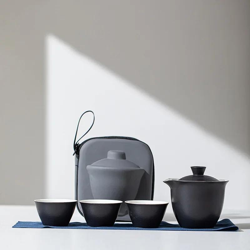 Portable Teapot Teacup Set Travel Tea Kit Ceramic Kung Fu Teaware Outdoor Camping Portable Bag Chinese Tea Set 1 Bowl 3 Cup