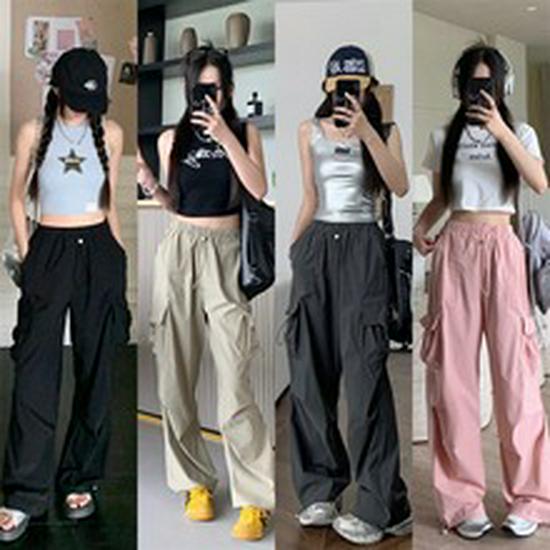 Schwarze Fallschirmhose mit hohem Bund – Lässig, weit geschnitten, Petite Jazz-Tanzbekleidung für Frühling und Herbst