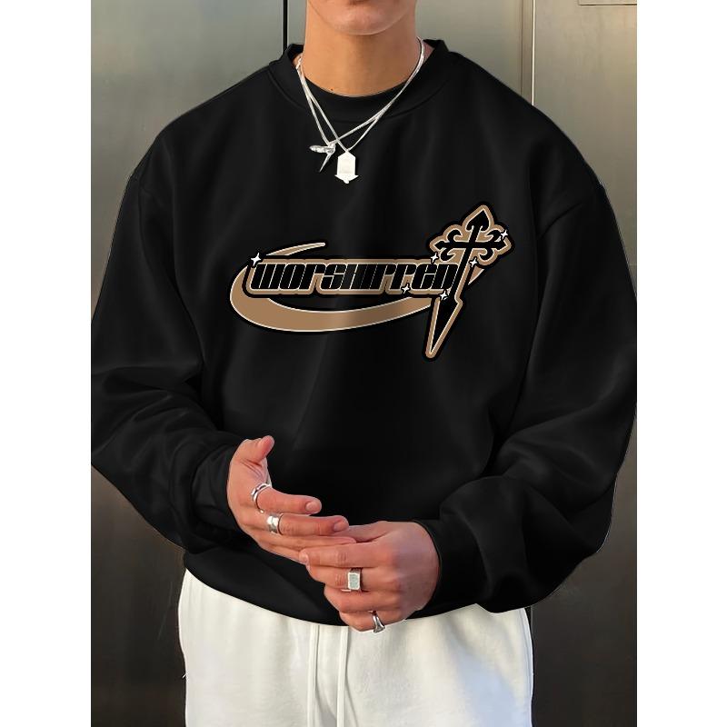 Men's Casual Alphabet Print Crew Neck Sweatshirt with Cross Detail - Loose Fit Active Pullover with Slight Stretch Fabric