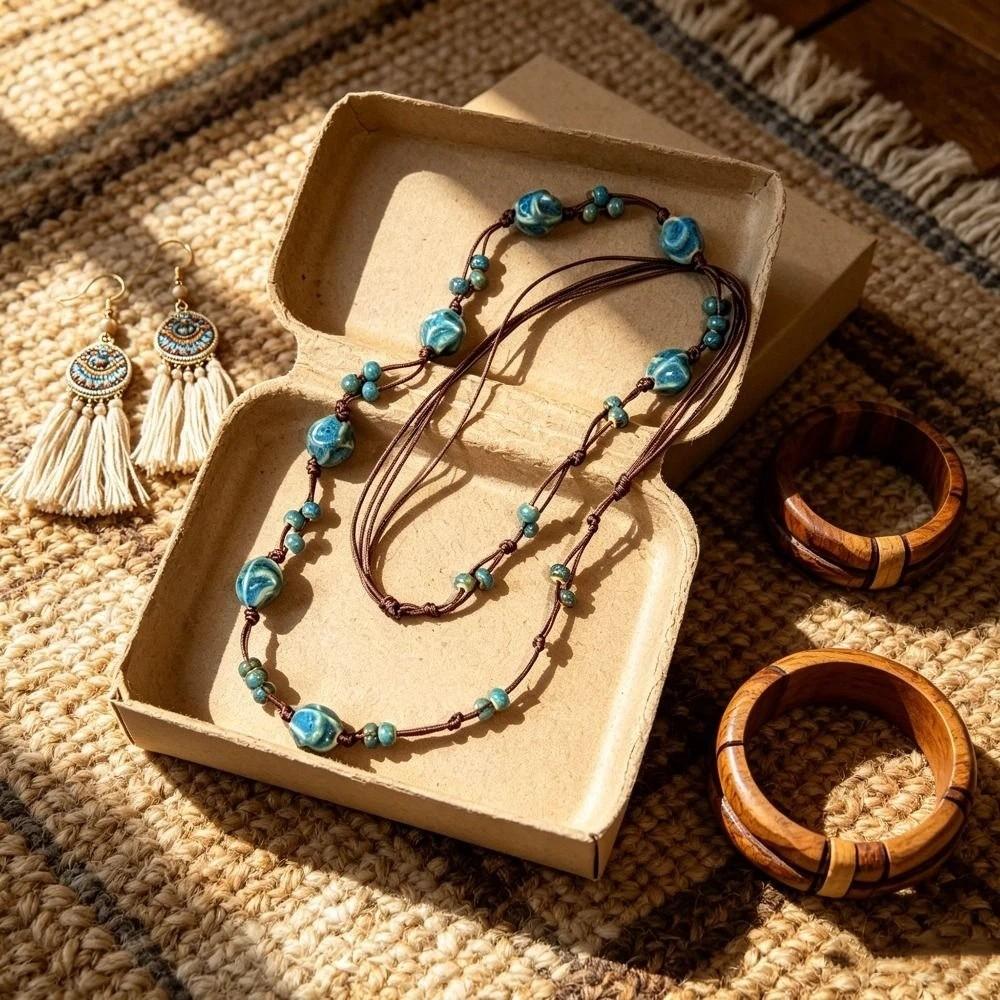 Bohemia Beaded Necklaces Vintage Ceramic Chain Temperament Long Necklace  For Women
