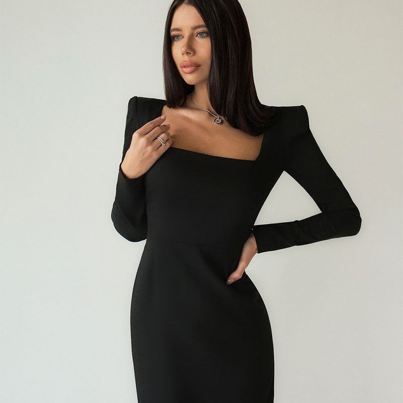 European and American Women's Clothing Square Collar Temperament Long Sleeve Slim-Fit Black Dress
