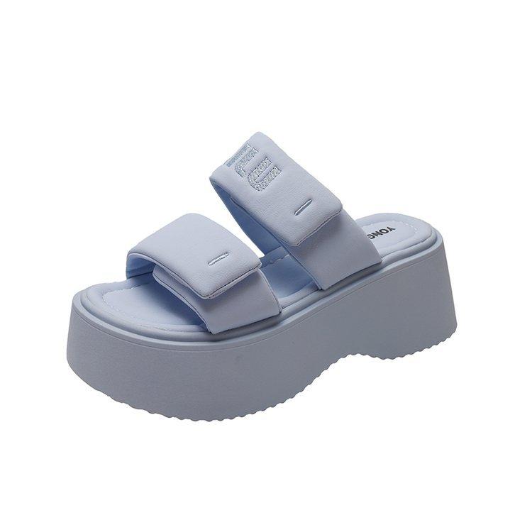 Velcro blue heightened thick-soled cool slippers for women's outerwear 2025 new summer skirt beach one-word slippers