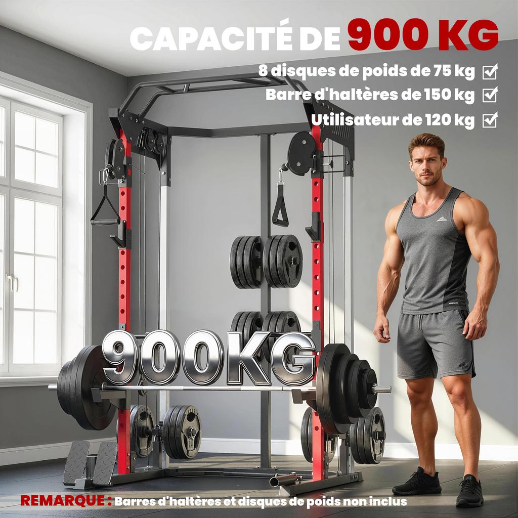 Power Cage, Power Rack with Adjustable Cable Pulley System, Pull-Up Bar, Dip Station, Landmine