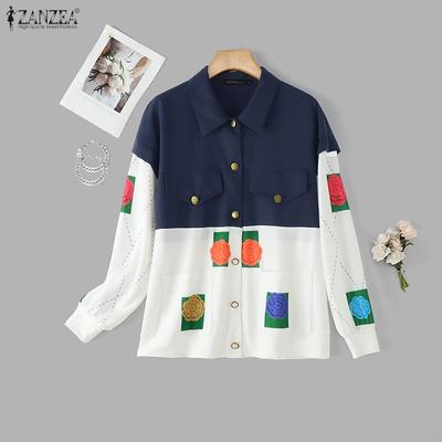 Women Turn Down Collar Long Sleeve Patchwork Blouse
