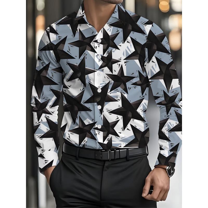 New Western Style Cow Head Five Pointed Star Arrow Retro Printed Men's Lapel Casual Long Sleeved Shirt