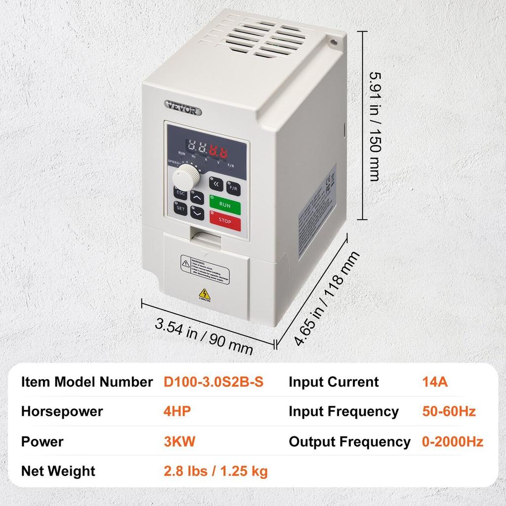 VFD 4HP 3KW 14A 1 or 3 Phase AC 220V Input to 3 Phase AC 0~220V Output