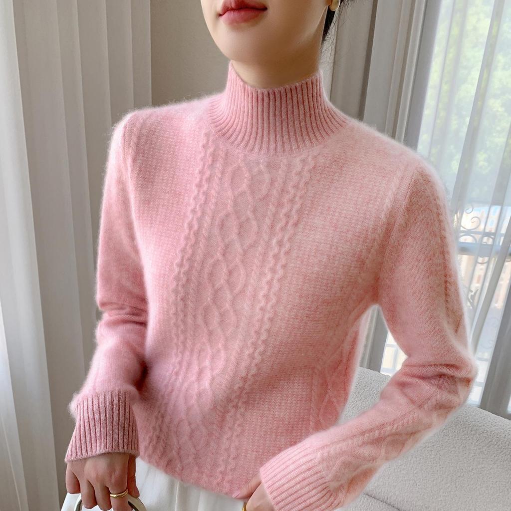 2025 Cashmere Sweater: Half-High Neck, Diamond Cable Knit, Long Sleeve, Loose Fit, Thickened Base Layer.