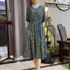 Summer Lace-up V-neck Floral Dress Retro Style Large Size Women's Clothing Medium Belly Cover Loose Waist Bell Shape Medium and Long Dress