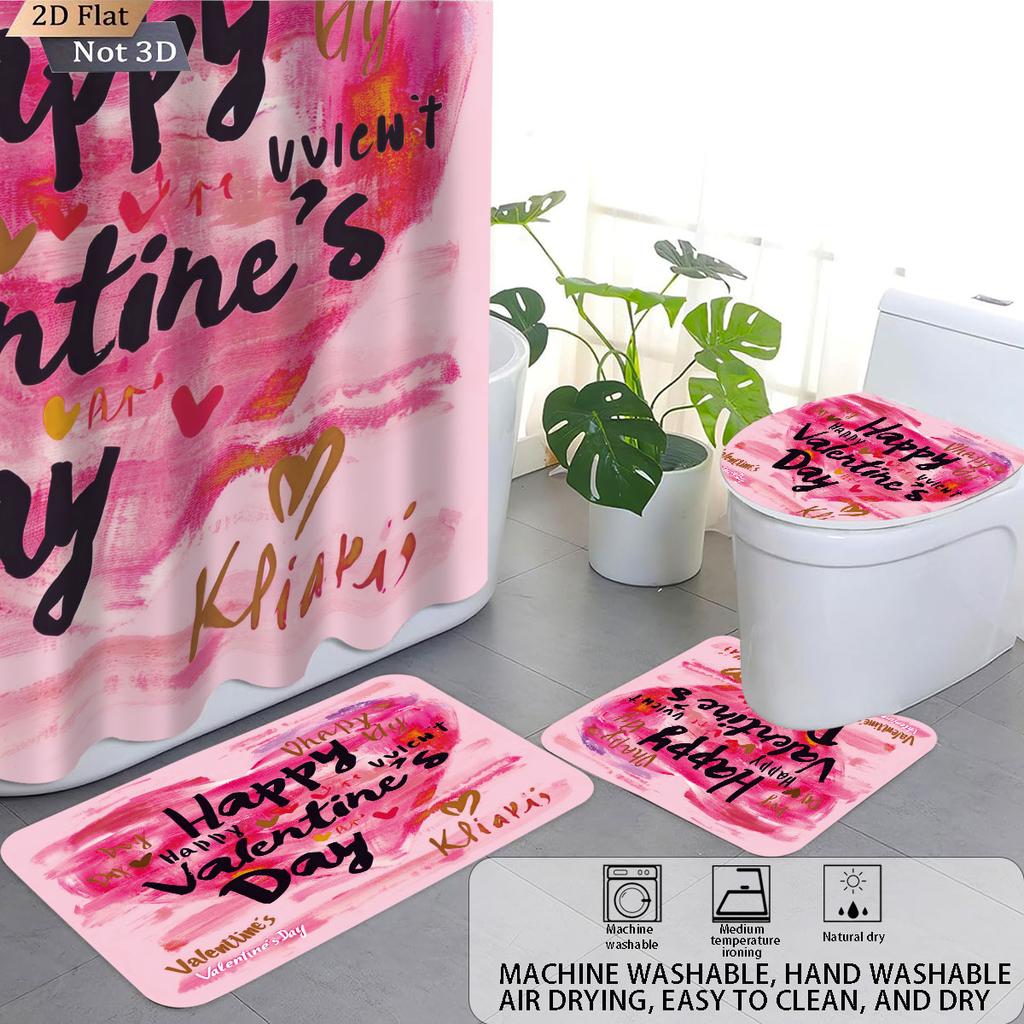 4 Stück Valentinstag Romantische Rose Blume Gedrucktes Badezimmer-Set Wasserdichter Duschvorhang Fußmatte Toilettenmatte U-förmige Matte
