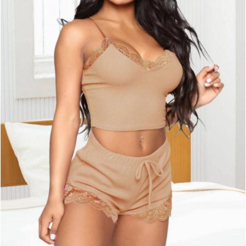 New Arrival Women's Export Pajamas Pure Color Suspenders Pullover Lace Lace Homewear Plaid Sexy Pajamas Two-piece Set