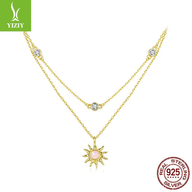 Opal Sun Moon Double Necklace Ring Set, Bohemian S925 Sterling Silver Collarbone Chain