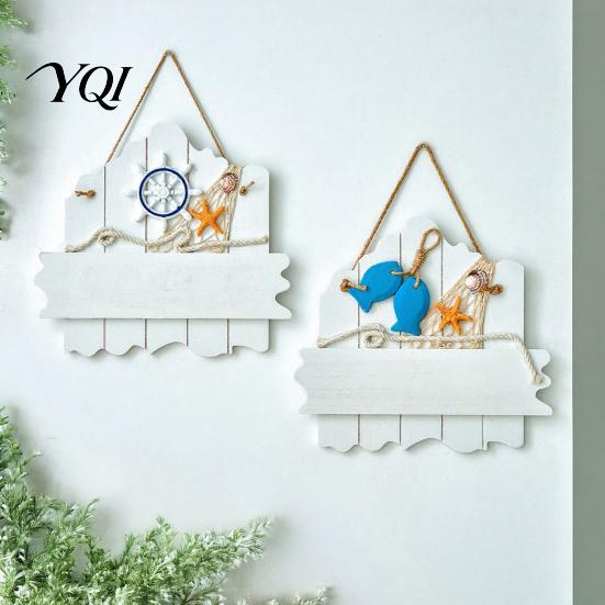 Blue And White Ocean Sign Mediterranean Style Wooden Welcome Sign, Starfish Shells Hanging Nautical Plaque, Decorative Wall Art for Home Porch