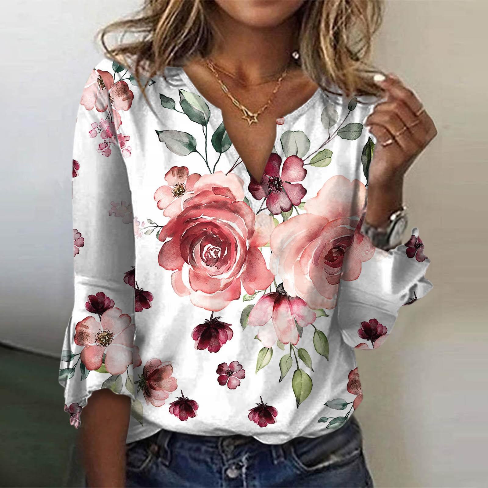 

Женская свободная повседневная футболка с v-образным вырезом и рукавами три четверти, кружевная футболка с цветочным принтом, топ L