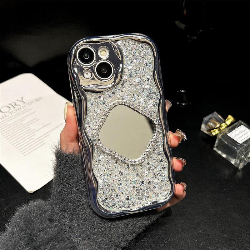 For Apple 17Promax Electroplated Silver Phone Case for IPhone16 Love Mirror Sequins High-end Ins