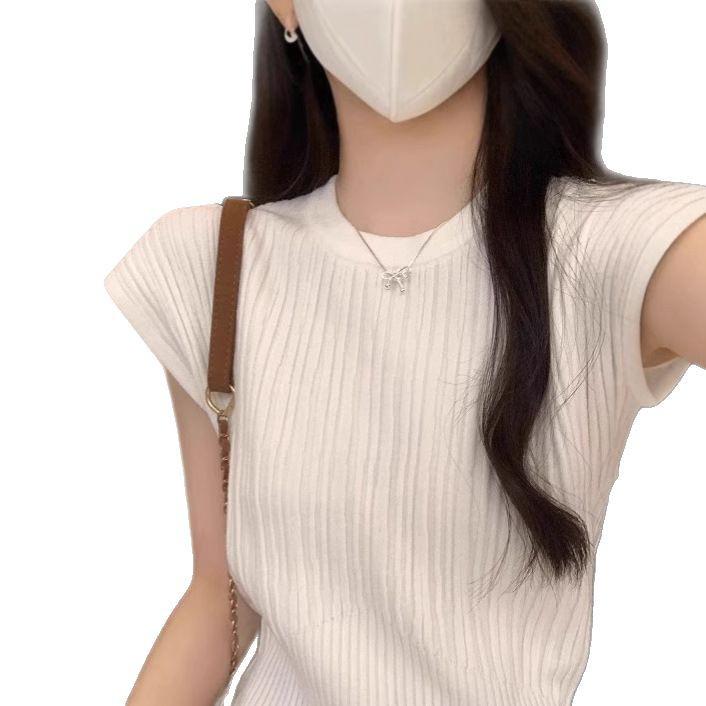 Korean Style Versatile Round Neck Short Sleeve Knit Top for Women - Summer 2025 Casual Niche T-Shirt