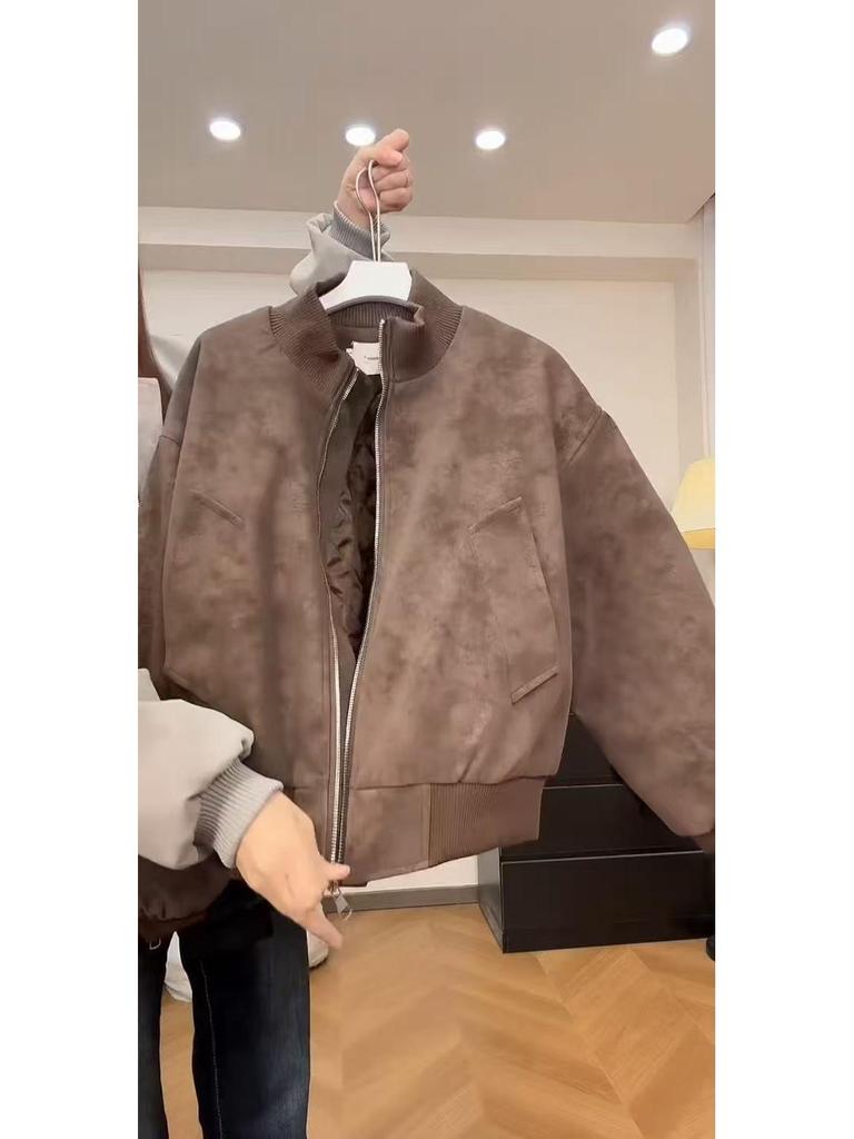 Damen Tie-Dye Retro Baumwollwattierte Leder-Bomberjacke - Stehkragen, Locker geschnittener Mantel für Herbst und Winter