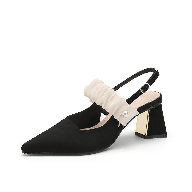 Black high heels women's summer shallow mouth pointed head commuting thick heel bag head sandals women's French style