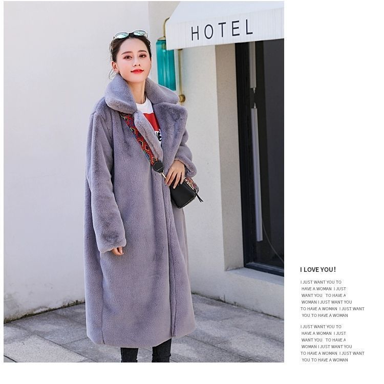 Cappotto lungo in pelliccia di coniglio finta invernale con collo in pelliccia finta, caldo, casual, da donna, trench