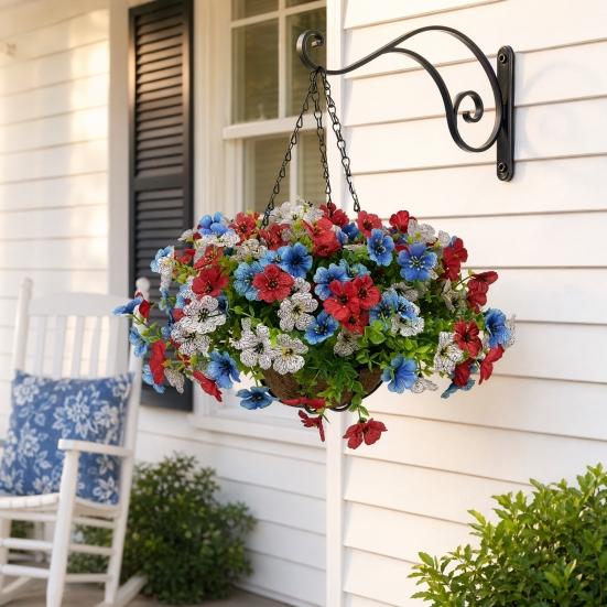 Artificial Hanging Flower with Basket for Outdoors, 4th of July Patriotic Faux Violet Flowers, UV Resistant Fake Plants for Outside Porch, Yard, Patio