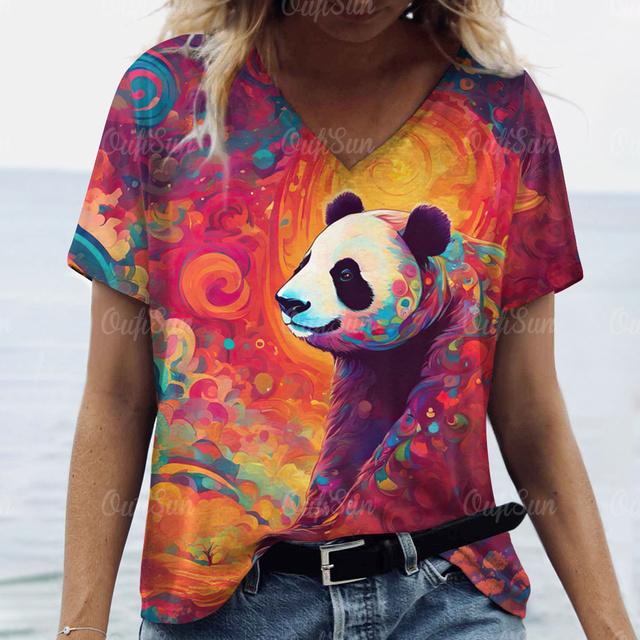 Loose Plus Size Woman Clothing Summer V-Neck Short Sleeve T-Shirts 3d Animals Panda Print Tops Women's Casual T Shirts Clothing