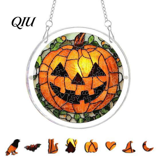 Halloween Puzzle Decoration Acrylic Decor, 2D Ghost Pumpkin Skeleton Hanging Sign, Faux Sign Stained Glass Spooky for Party Home Stress Relief