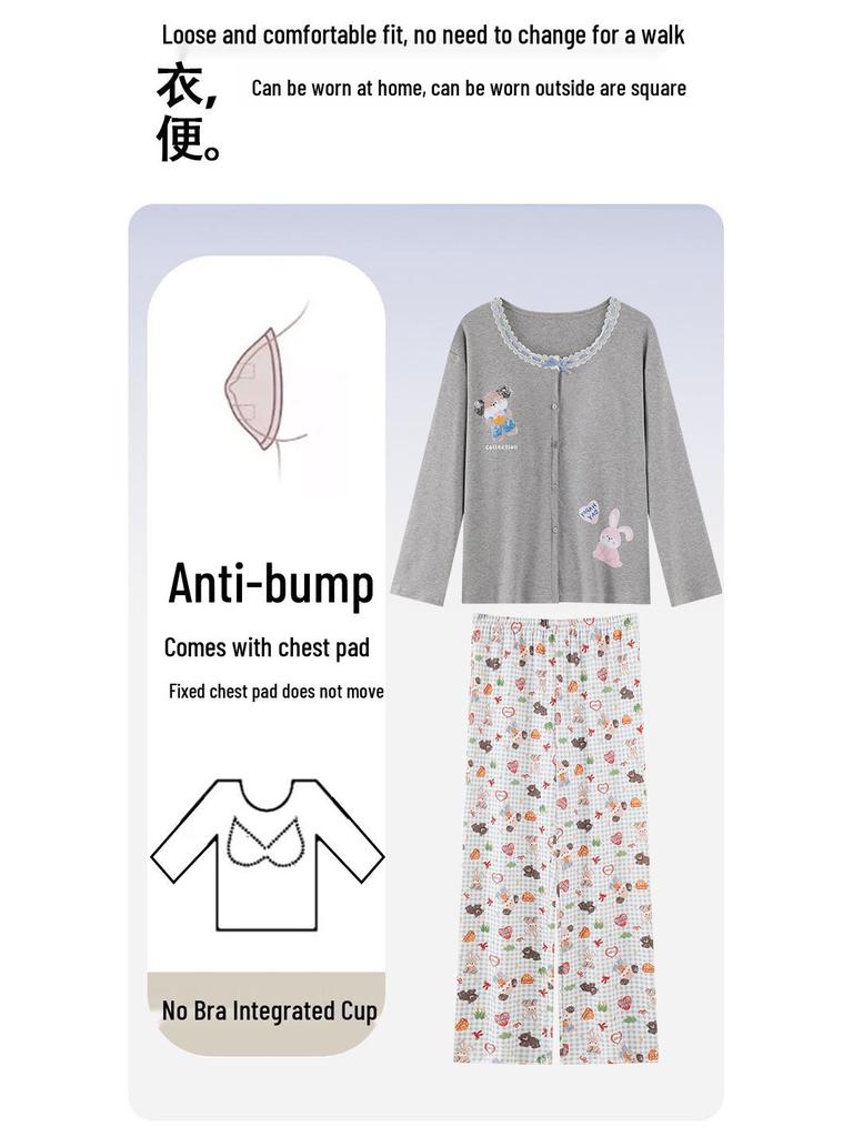 2025 Women's Pure Cotton Pajama Set - Long Sleeve & Pants, with Breast Pads, Loose Home Wear, Spring/Autumn Two-Piece.