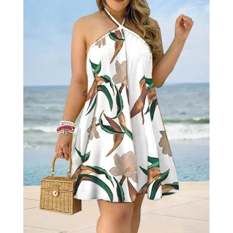 Women's Tropical Print Halter Tie Neck Sleeveless Loose A‑Line Mini Dress Summer Casual Beach Dress