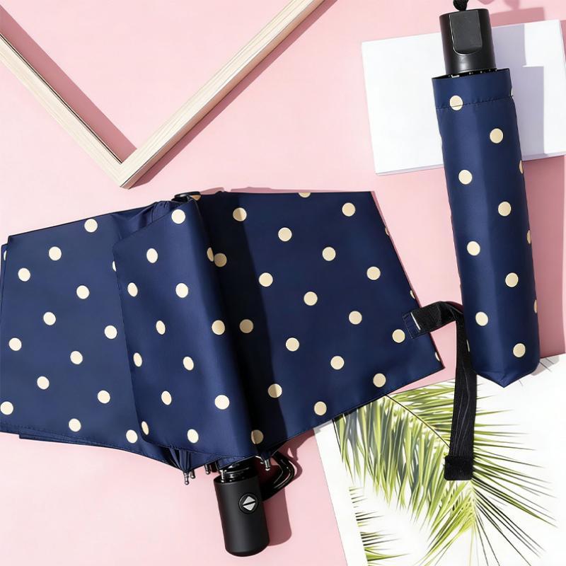Parapluie Pliant à Pois Revêtement Noir Anti-UV Imperméable Parfait Pour le Trajet Quotidien et les Voyages