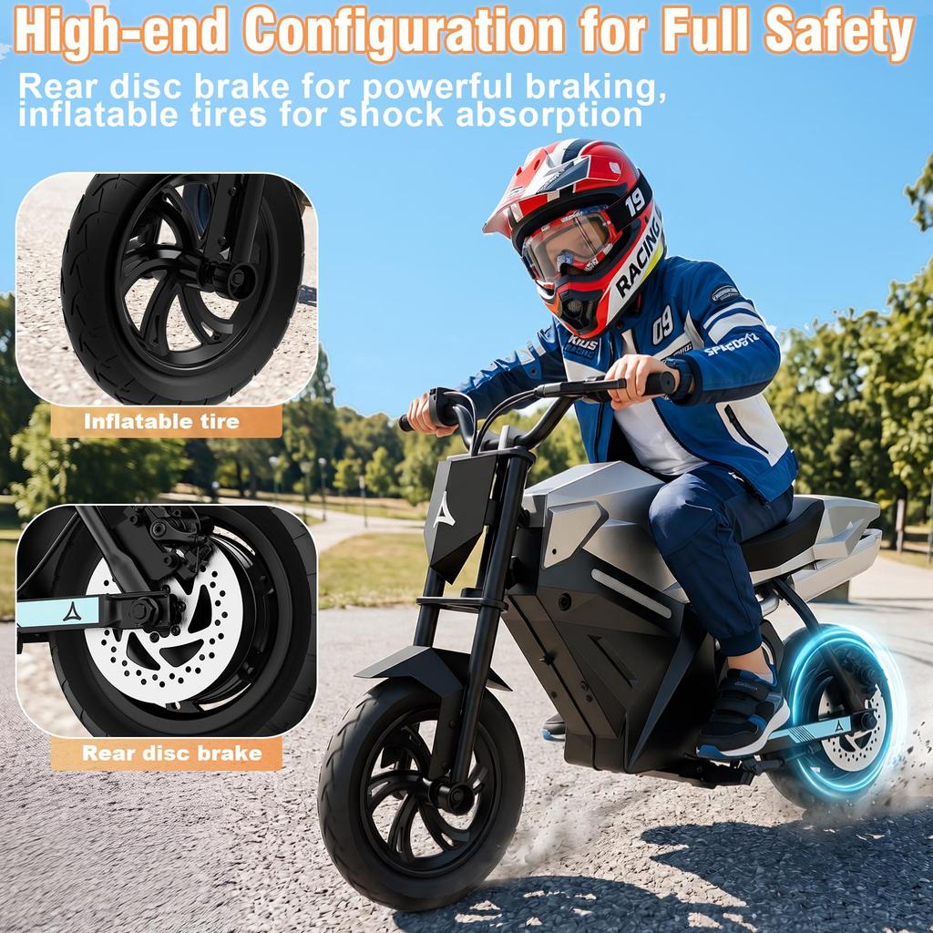 Moto Elettrica per Bambini, Motore 350W, 3 Velocità, Ruote Gonfiabili da 12,5", Batteria Li-Ion 21,6V 4Ah, Autonomia fino a 16KM, per Età 6+