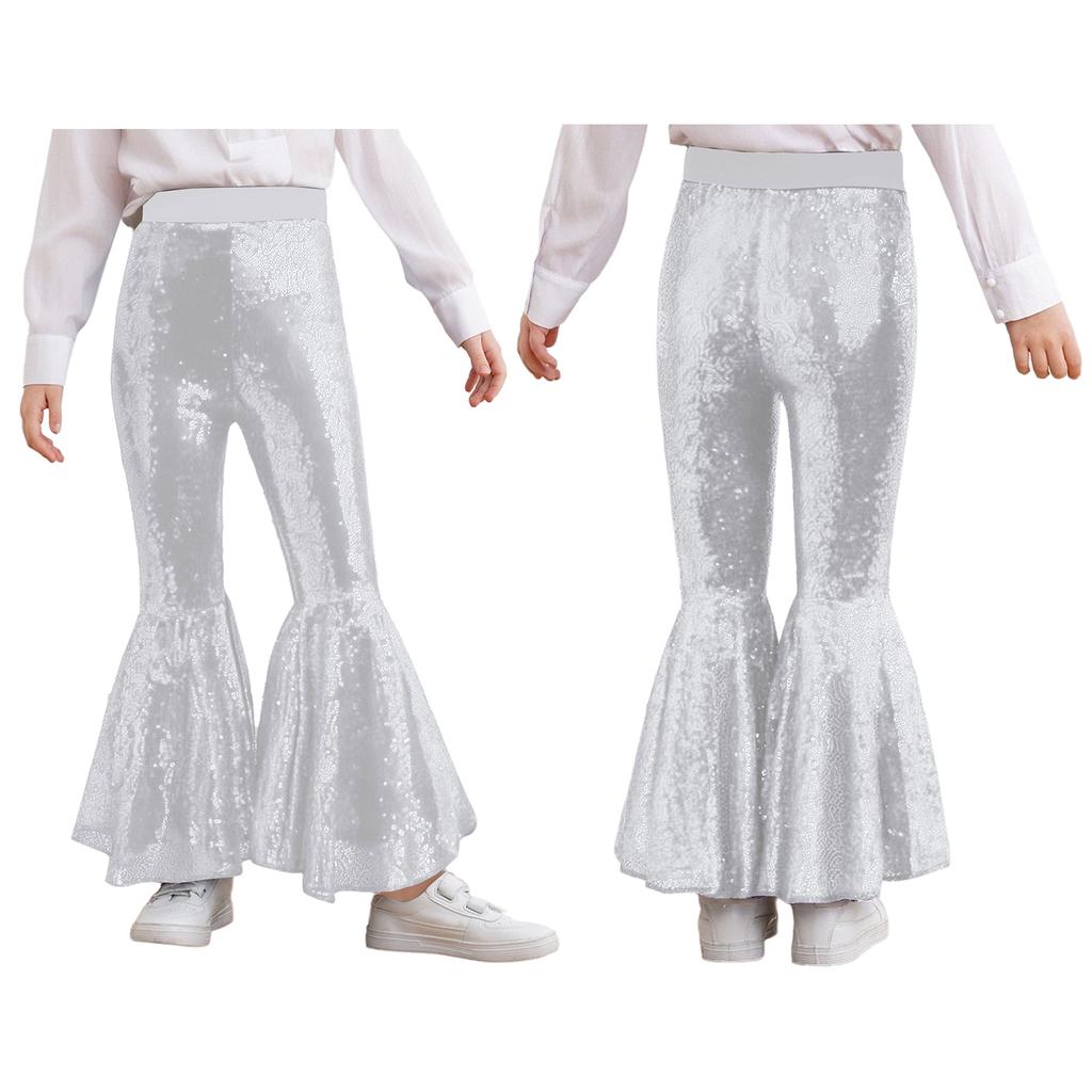 Pantaloni Compleți pentru Spectacol pe Scenă pentru Fete: Pantaloni evazați strălucitori cu paiete și talie elastică pentru dans și spectacol