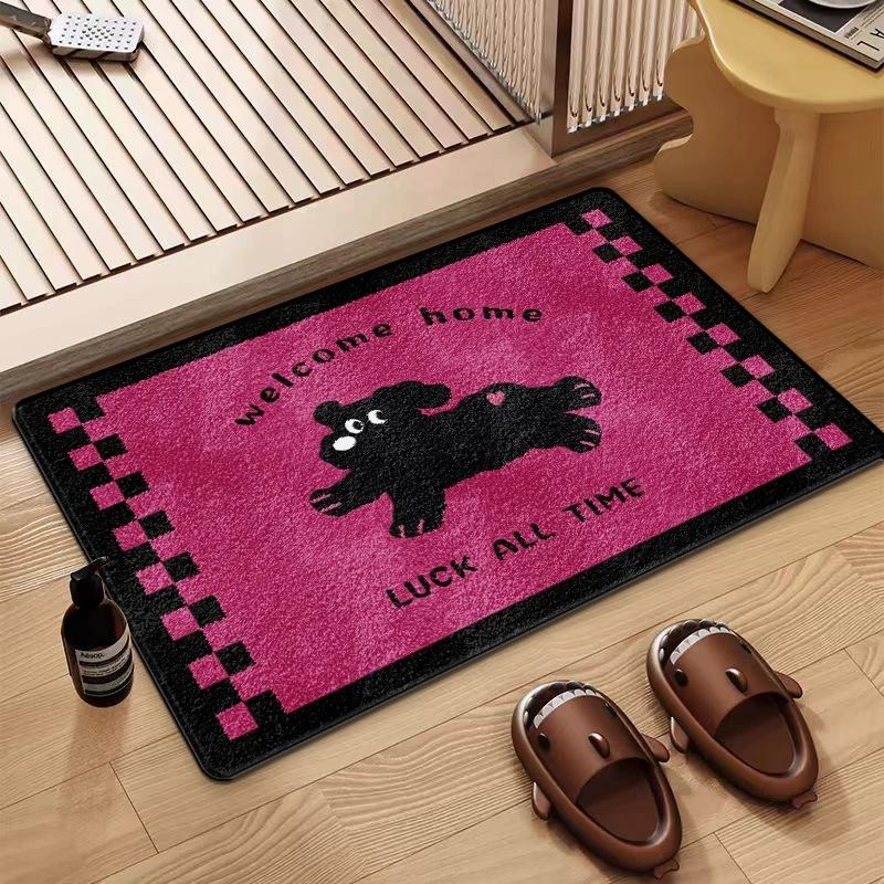 

1pc Black Checkered Border with Pink Heart Welcome Mat Non Slip Entryway Rug for Living Room Indoor Outdoor Floor Mat Decor 40X60cm