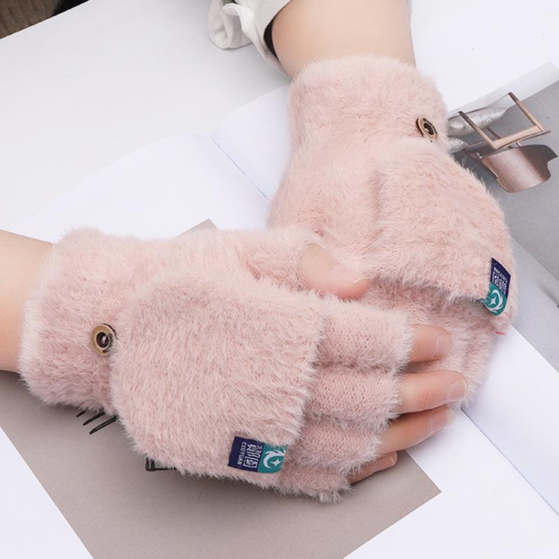 Thickened Flip-Top Faux Mink Plush Fingerless Nylon Gloves for Autumn/Winter - Cold-Proof and Outdoor Stylish for Students