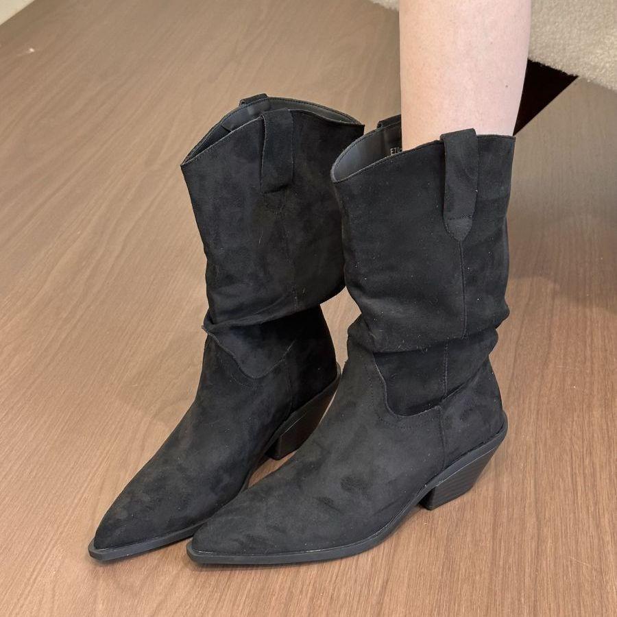 

Руководство по ранней осени ретро зарубежные замшевые остроносые ботильоны на толстом каблуке женские 2025 осень и зима корейская версия короткие западные ботинки 40