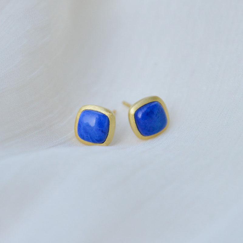 Gold-Plated Southern Red Blue Agate Stud Earrings, 925 Sterling Silver, Simple Design