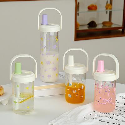 Süße Plastik-Trinkflasche mit Strohhalm und Deckel, großes Fassungsvermögen, auslaufsicher, für Kaffee, Saft, Boba-Perlen, Milchtee-Getränke, Wasserbecher