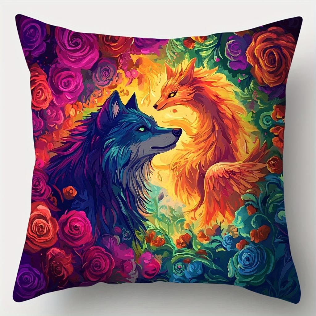 Mythical Wolf & Phoenix Pillowcase: Vibrant Fantasy-Themed Cushion Cover For Boho Whimsical Home Sofa Decor