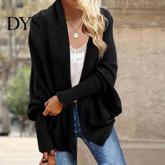 Women Cardigan Coat Collarless Batwing Long Sleeve Open Front Knitting Layering Jacket Elastic Cuffs Solid Color Loose Fit Knitted