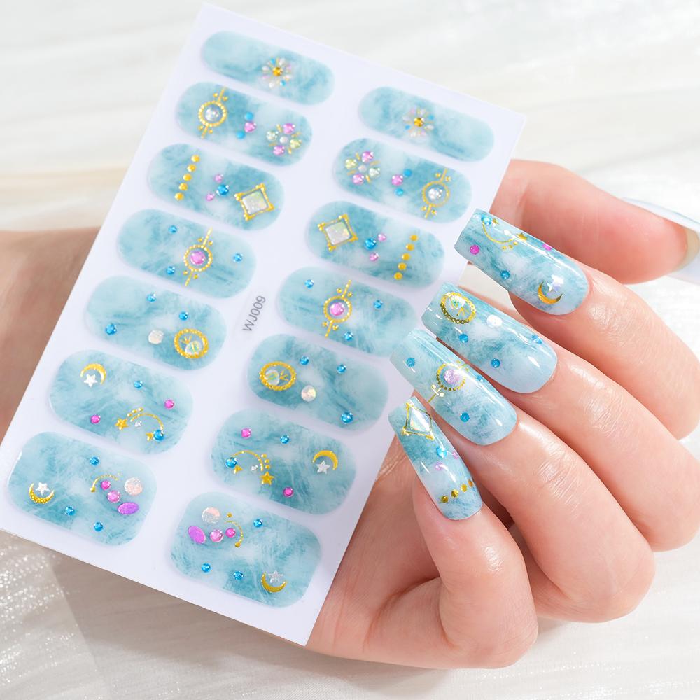 14 Tips/sheet Women Girls Full Cover Self-adhesive Nail Polish Stickers Baking Free Marble, Shell Pattern Nail Wrap Decals Decor