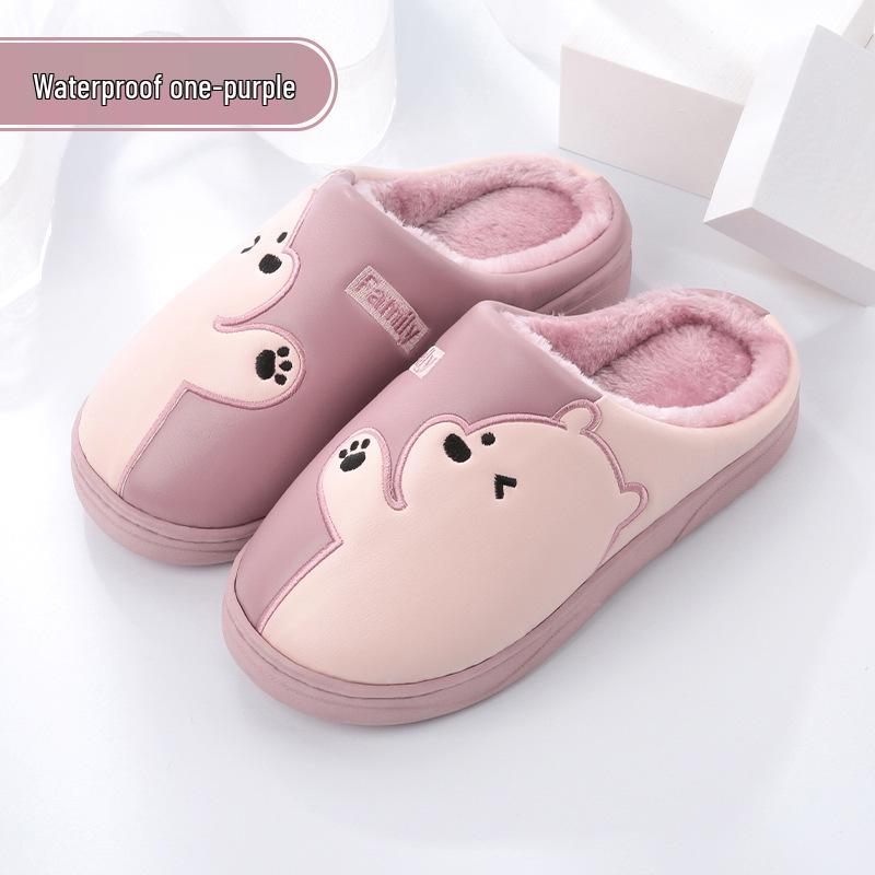 Women's and Men's Non-Slip Waterproof PU Leather Indoor Winter Slippers - Warm and Cute for Couples