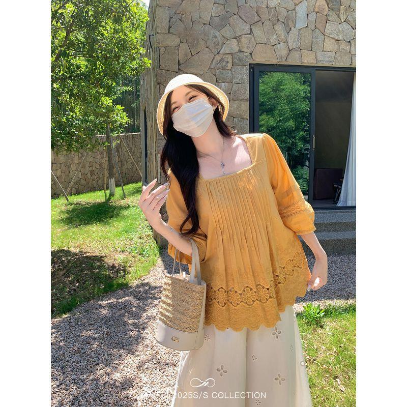 

Maxi Plus Size Women s Clothing French Embroidery Lace Square Collar Small Shirt Summer Slightly Oversized Girls Loose Slim Looking Shoulder Tops Turmeric 2XL