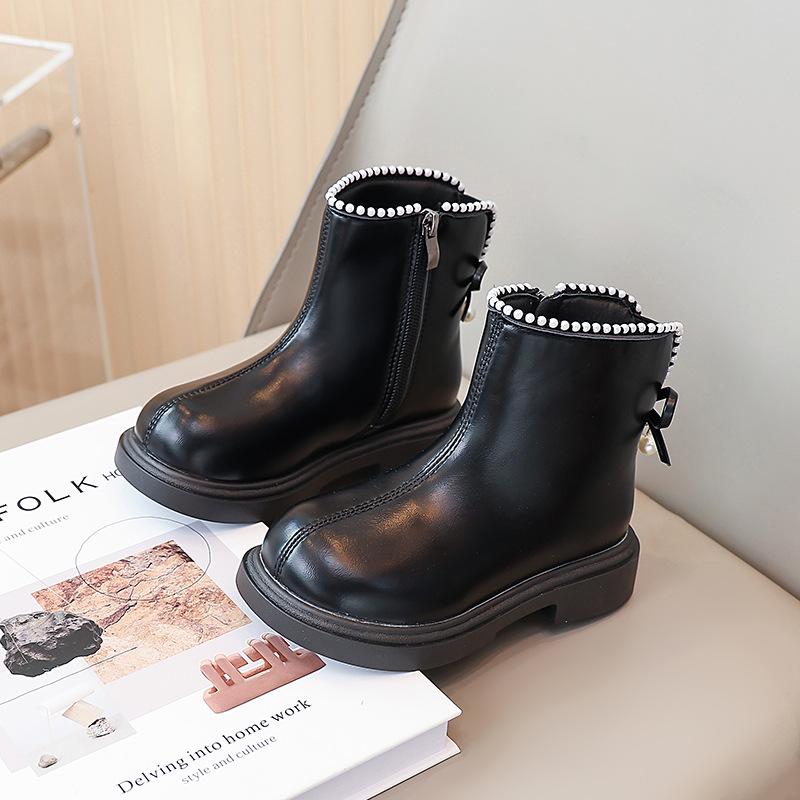 Girls' short boots, foreign princess leather boots, pearl bow children's Martin boots 2025 autumn and winter new fashion single boots