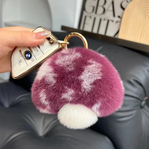 Wholesale Cute Mushroom Real Rex Rabbit Fur Key Chains Girls Schoolbag Toy Pendant  Women Bag Charm Ornaments Car Keyring Gift