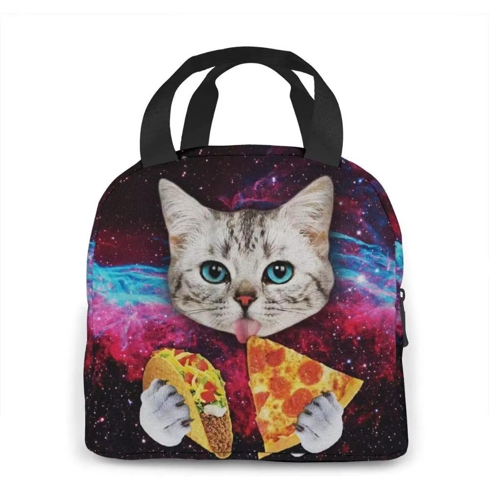 Space Cat Pizza Insulated Lunch Bag Portable Thermal Cooler Box Reusable Picnic Tote Bento Bag for Women Kids Work School Travel
