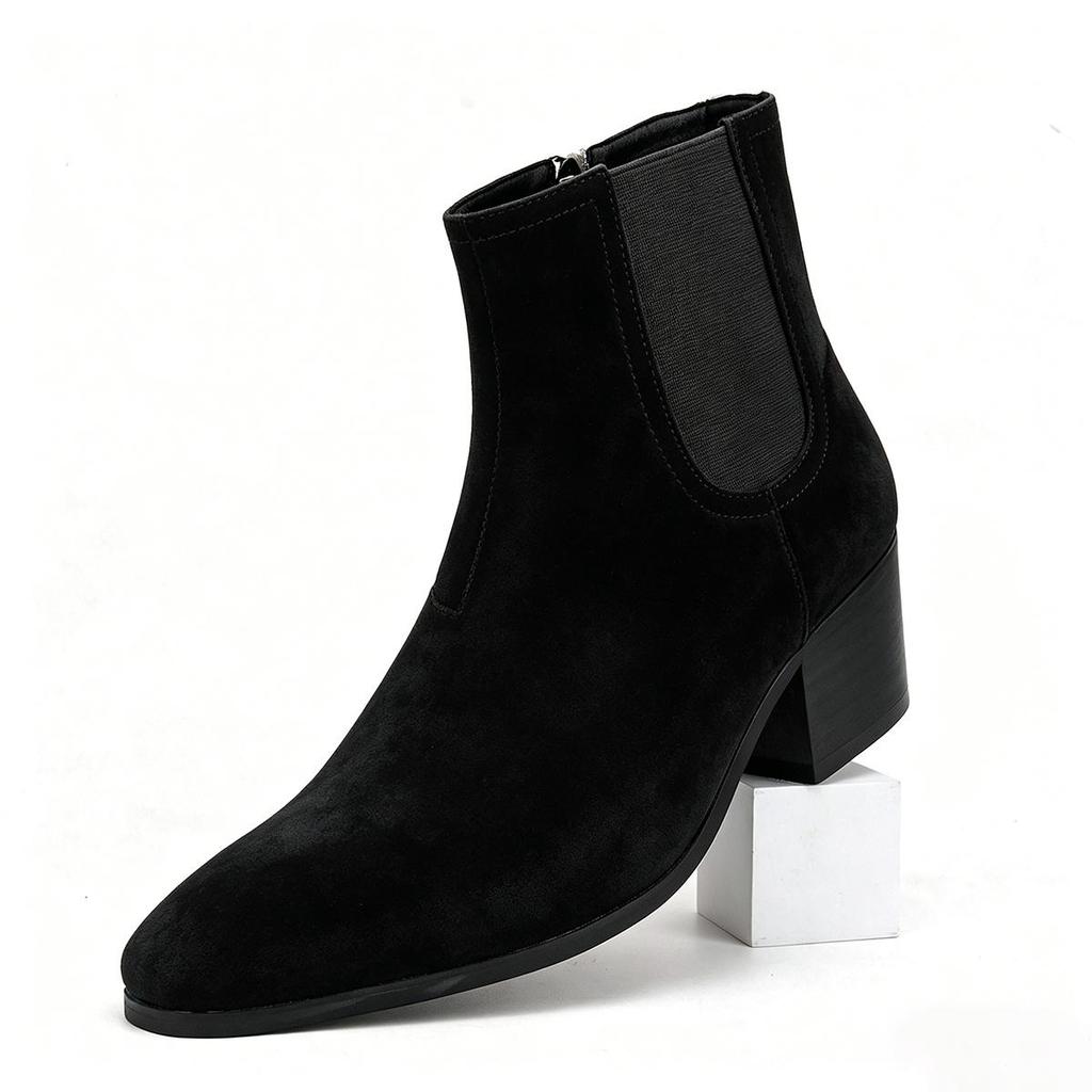 Men's High Heel Chelsea Boots - Autumn/Winter Fashion, Square Toe, Height-Enhancing Short Boots.