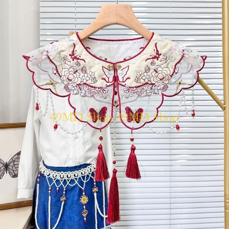 49MD Embroidered Butterfly Floral False Collar Traditional Chinese Styles Beaded Tassels Pendant Shawl Capes Scarf for Women